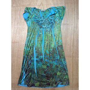 Unity World Wear Blue Green Abstract Animal Print Ruffle V-Neck Dress Medium